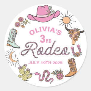 Sticker Rond Troisième Rodéo Pink Western Cowboy 3e Anniversair