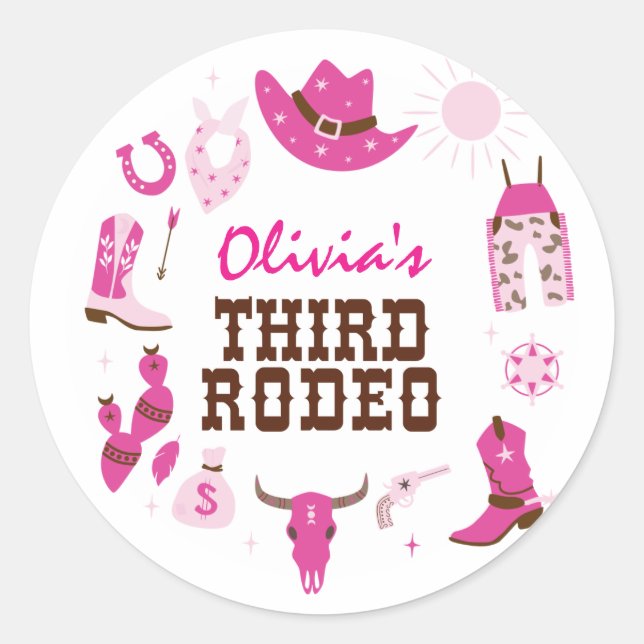 Sticker Rond Troisième Rodéo Rose Western Cowboy 3e anniversair (Devant)