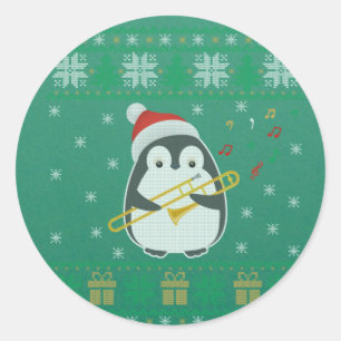 Sticker Rond Trombone Vilain Chandail de Noël Penguin Noël Fami