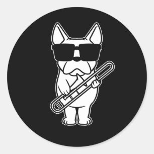 Sticker Rond Trombonist Trombone Player Dog With Trombone