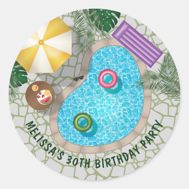 Sticker Rond Tropical Backyard Pool Summer Pool Birthday Party (Devant)