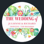 Sticker Rond Tropical Beach Destination Wedding Welcome<br><div class="desc">Le design présente un design floral moderne aux aquarelles avec des feuilles tropicaux et des fleurs.</div>