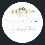 Sticker Rond Tropical Beach Sunset Honeymoon Fund Couple Douche<br><div class="desc">Bienvenue à vos invités lors d'un voyage imaginaire à votre future destination en lune de miel avec cette Tropical Beach Sunset Honeymoon Fund Wedding Shower design. Personnalisez facilement le texte avec les détails de votre partie. Bonne lune de miel ! ♥</div>