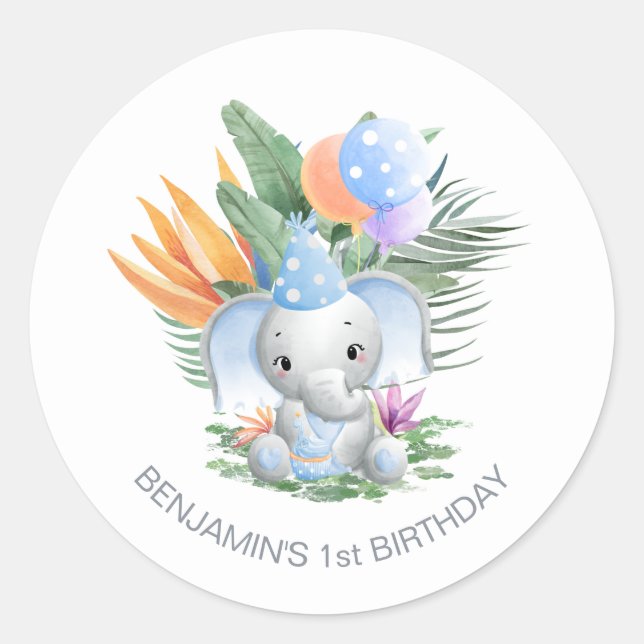 Sticker Rond Tropical Blue Baby Elephant 1er anniversaire (Devant)