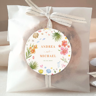 Sticker Rond Tropical Coastal Mariage de fleurs dessinées à la 