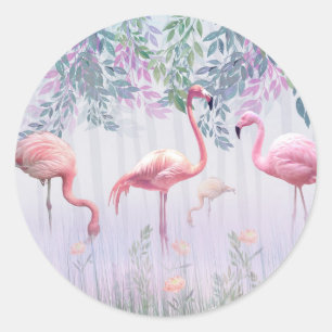 Sticker Rond Tropical Cute Family Flamants roses roses