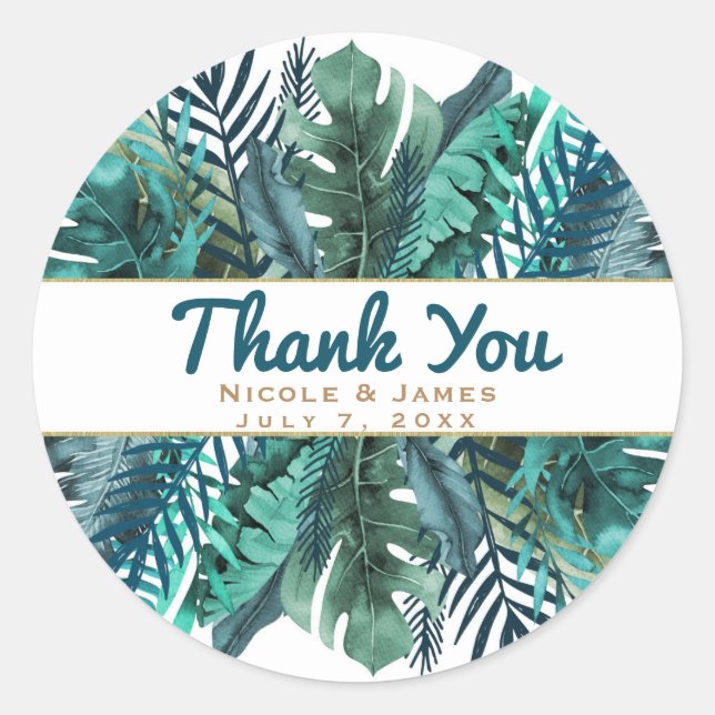 Sticker Rond Tropical Feuilles de Teal Vert Elégant Mariage Bla (Devant)