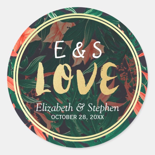 Sticker Rond Tropical Floral Gold Frame Mariage Merci Favoriser (Devant)
