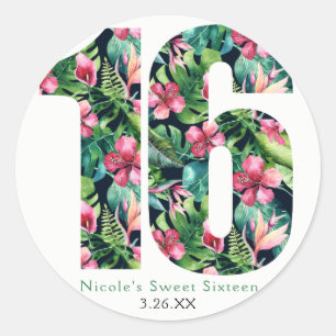 Sticker Rond Tropical Floral Sweet 16 Hawaiian 16e anniversaire
