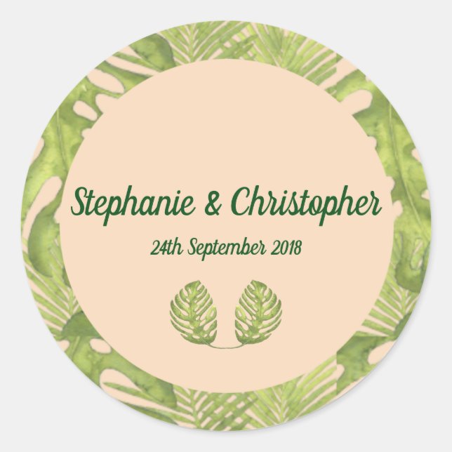 Sticker Rond Tropical Green et Blush Mariage (Devant)