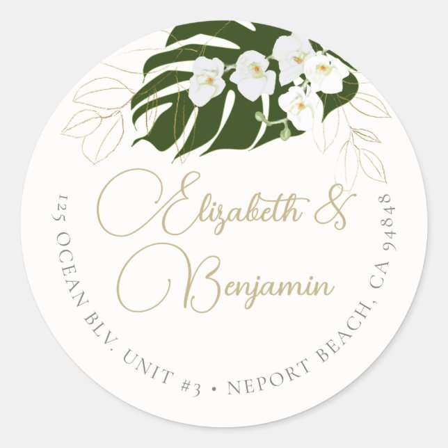 Sticker Rond Tropical Green Gold Orchidées Mariage élégant (Devant)