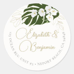 Sticker Rond Tropical Green Gold Orchidées Mariage élégant