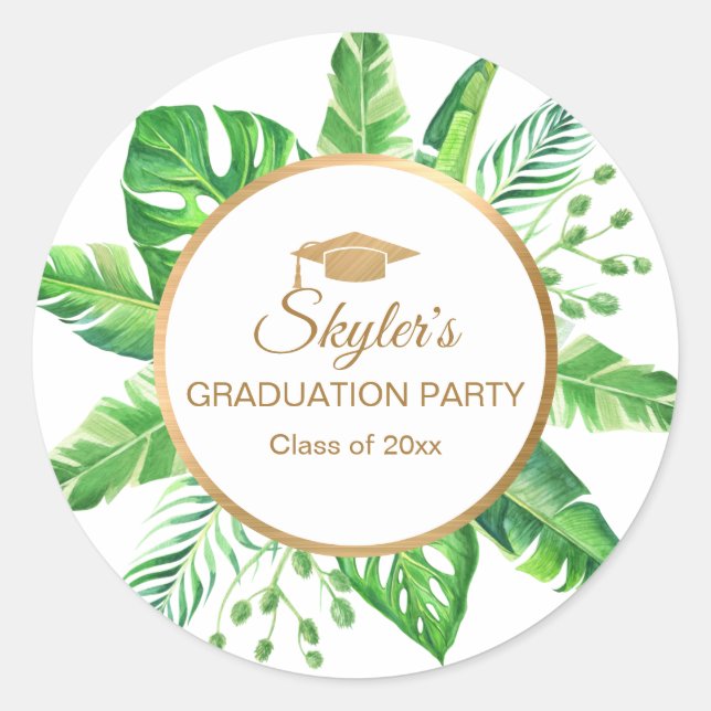 Sticker Rond Tropical Greenery Gold Theme Graduation Party (Devant)