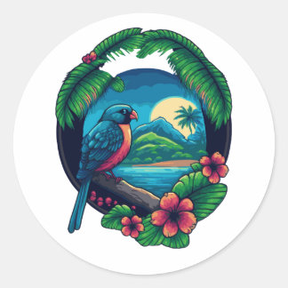 Sticker Rond Tropical Island Palms Logo Beach Travel Retro
