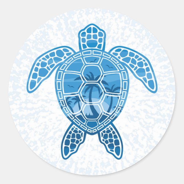 Sticker Rond Tropical Island Sea Turtle Design en bleu (Devant)