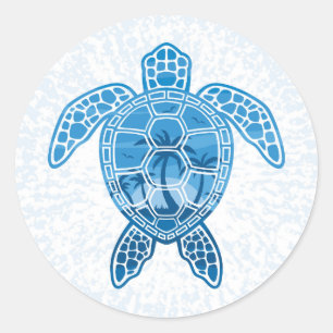 Sticker Rond Tropical Island Sea Turtle Design en bleu