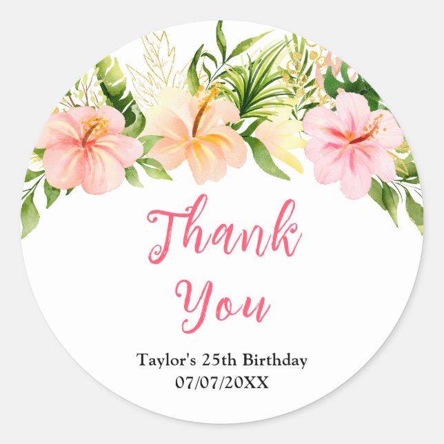 Sticker Rond Tropical Jungle Floral Birthday Party Thank You (Devant)