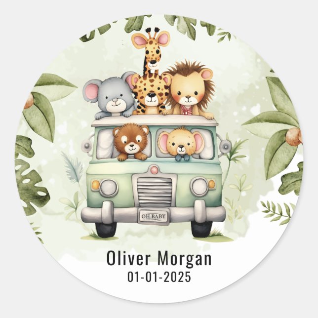 Sticker Rond Tropical Jungle Safari Animaux Baby showers Garçon (Devant)