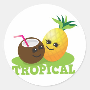 Sticker Rond TROPICAL mignon Kawaii noix de coco et ananas