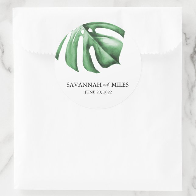 Sticker Rond Tropical Monstera Mariage Noms et Mariage de date (Sac)