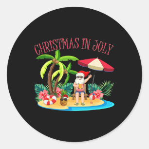 Sticker Rond Tropical Noël Hawaïen Été Père Noël de Noël en Jui