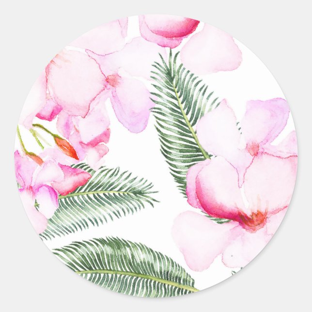 Sticker Rond Tropical Oasis Rose Vert Mariage Hawaïen (Devant)