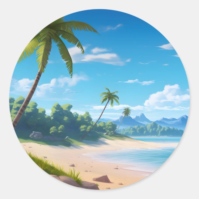 Sticker Rond Tropical Ocean Island Sandy Beach Shore (Devant)
