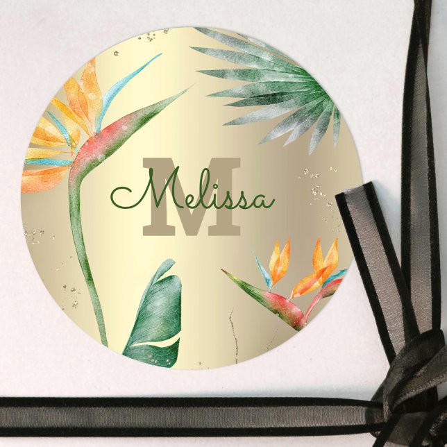 Sticker Rond Tropical Palm Moderne Monogramme Feuille d'Or (Créateur téléchargé)