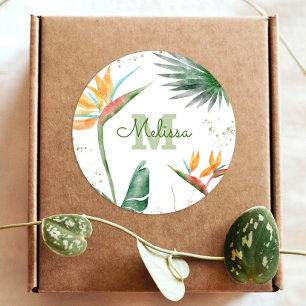 Sticker Rond Tropical Palm Moderne Monogramme Script Parties sc