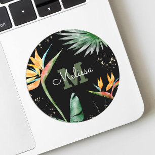 Sticker Rond Tropical Palm Monogramme Écriture Paillettes Dorée