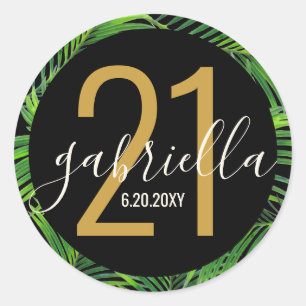 Sticker Rond Tropical Palm Tree Black Gold Personnalisé Anniver