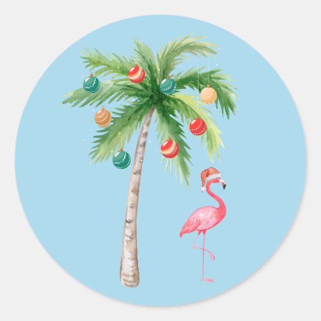 Sticker Rond Tropical Palm Tree Flamant rose Fête de Vacances (Devant)