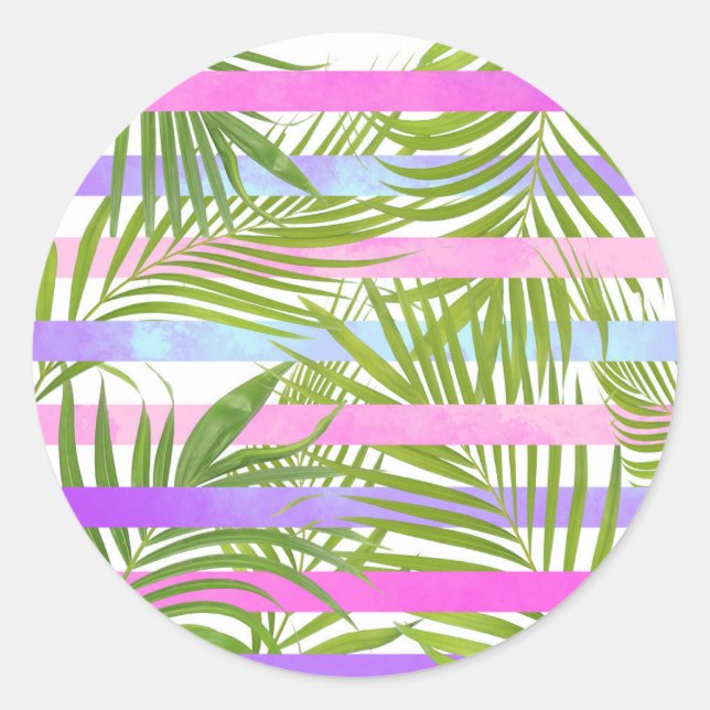 Sticker Rond Tropical palm trees rodern pink violet stripes (Devant)
