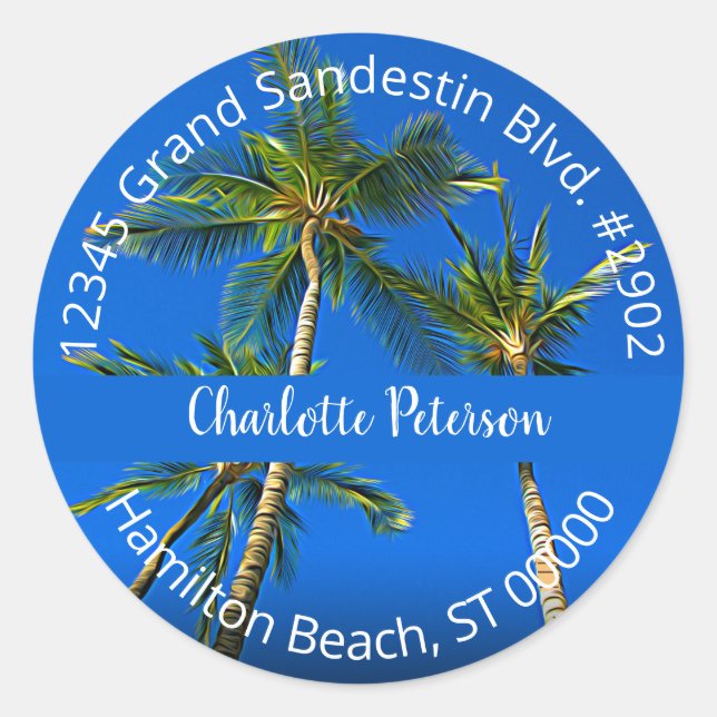 Sticker Rond Tropical Palmiers Lettre Manuscrite Adresse de Ret (Devant)