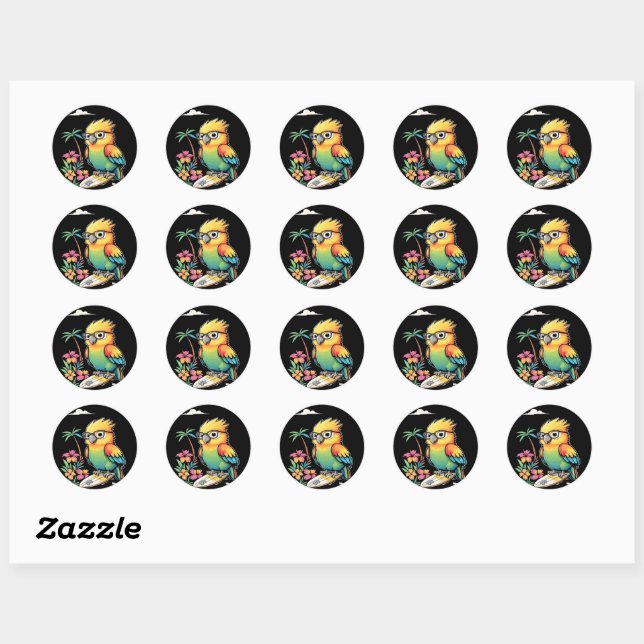 Sticker Rond Tropical Parrot Chill Vibes – Sunset Beach  (Feuille)