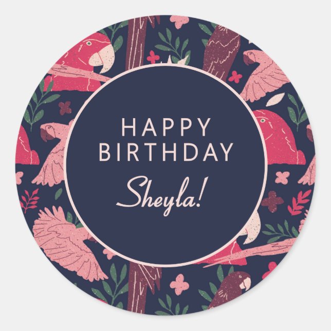 Sticker Rond Tropical Parrot Happy Birthday Sheyla Custom  (Devant)
