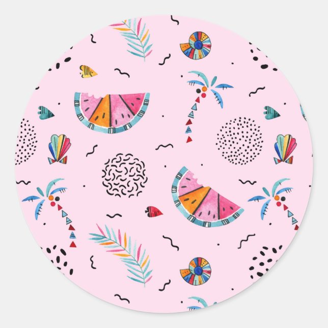 Sticker Rond Tropical rose Memphis Style Motif (Devant)
