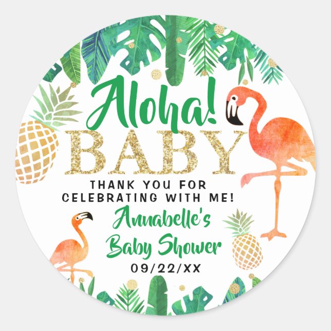 Sticker Rond Tropical Summer Beach Luau Boys Baby shower (Devant)