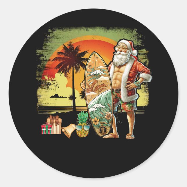 Sticker Rond Tropical Summer Surfing Santa Claus 6 Pack Christm (Devant)