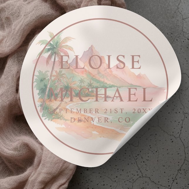 Sticker Rond Tropical Sunset Island Beach Watercolor Wedding (Tropical Sunset Island Beach Watercolor Wedding Classic Round Sticker)