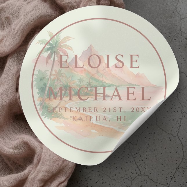 Sticker Rond Tropical Sunset Island Beach Watercolor Wedding (Tropical Sunset Island Beach Watercolor Wedding Classic Round Sticker)