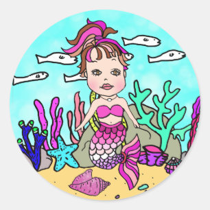 Sticker Rond Tropical Under the Sea Magenta Mermaid