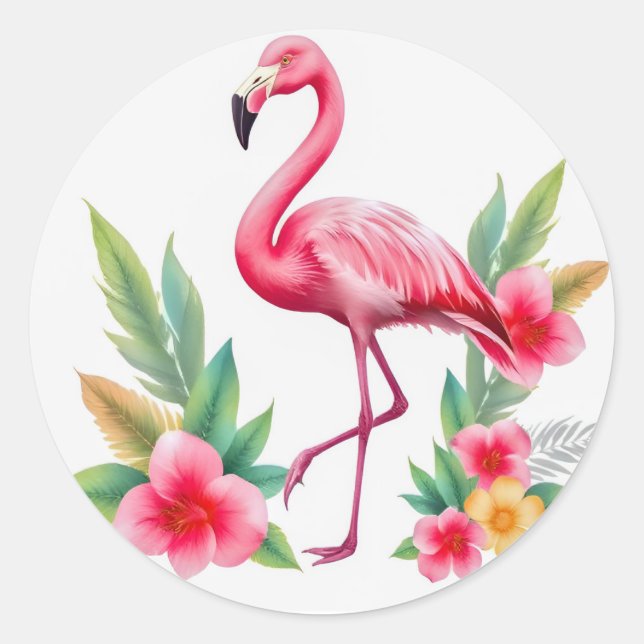 Sticker Rond Tropical Watercolor Pink Flamingo Floral Hawaiian (Devant)
