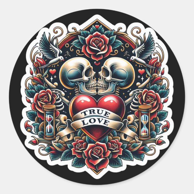 Sticker Rond True Love Skeleton Heart Tattoo Mariage (Devant)