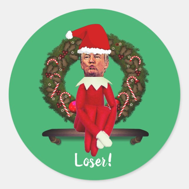 Sticker Rond Trump comme un elfe de Noël, un bâton rond classiq (Devant)