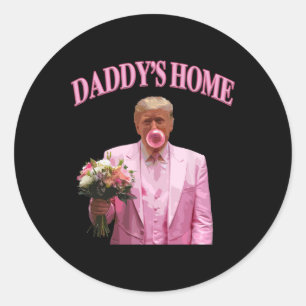 Sticker Rond Trump souffler la bulle qui tient des fleurs rose 