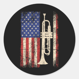 Sticker Rond Trumpet Usa American Flag Shirt Jazz Music Vintage