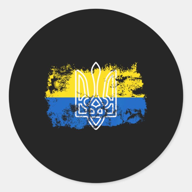 Sticker Rond Tryzub Stand Uni avec l'Ukraine Trident Ukrainien (Devant)