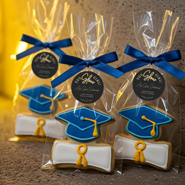 Sticker Rond Tu Glow Girl Grad Yellow Neon Script Graduation (You Glow Girl Grad Yellow Neon Script Graduation Classic Round Sticker)