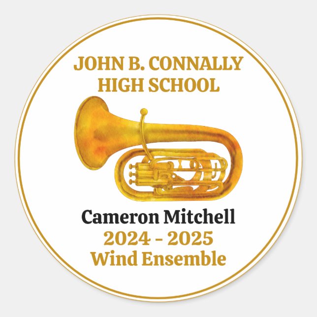 Sticker Rond Tuba High School Band Gold Personalized (Devant)